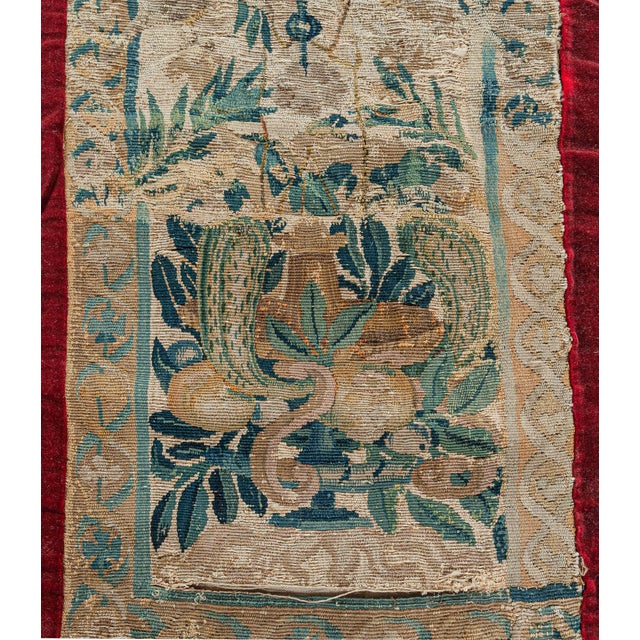 Antique Tapestry Fragment runner Size: 1'3" × 16'2" (38 × 492 cm) Color: Beige, Blue, Red. A rare piece from the Doris...