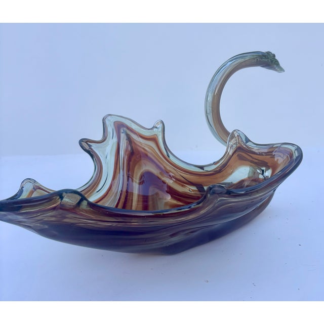 Murano Mid-Century Modern Murano Style Hand Blown Slag Glass Swan Bowl For Sale - Image 4 of 11