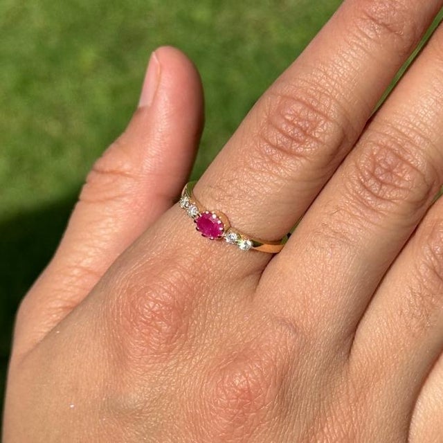 Metal Ruby and Diamond Five-Stone Engagement Band Size 5.5 in 14k Solid Gold For Sale - Image 7 of 16
