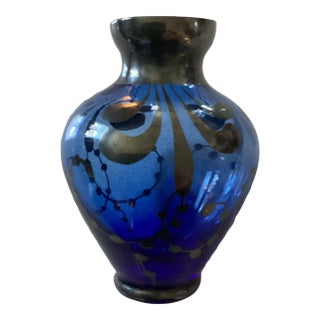Murano Glass Vintage Cobalt Blue Mini Bud Vase Silver Overlay Hand Blown Made in Italy For Sale
