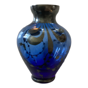 Murano Glass Vintage Cobalt Blue Mini Bud Vase Silver Overlay Hand Blown Made in Italy