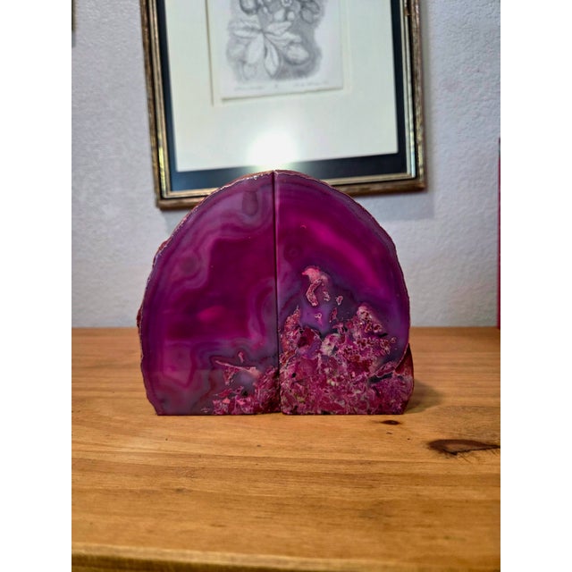 Large Pink Agate Geode Bookends, Polished Natural Stone Crystal Pair With Sculptural Form For Sale - Image 9 of 9