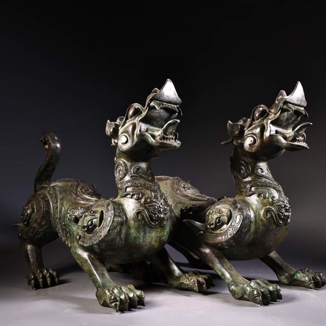 Traditional Late 20th Century Pair of Archaic Style Bronze Mythical Beast Figures For Sale - Image 3 of 10