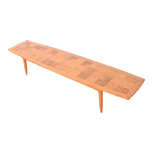 Tomlinson Sophisticate Mid-Century Modern Patchwork Burl Wood Extra Long Surfboard Coffee Table, Newly Refinished