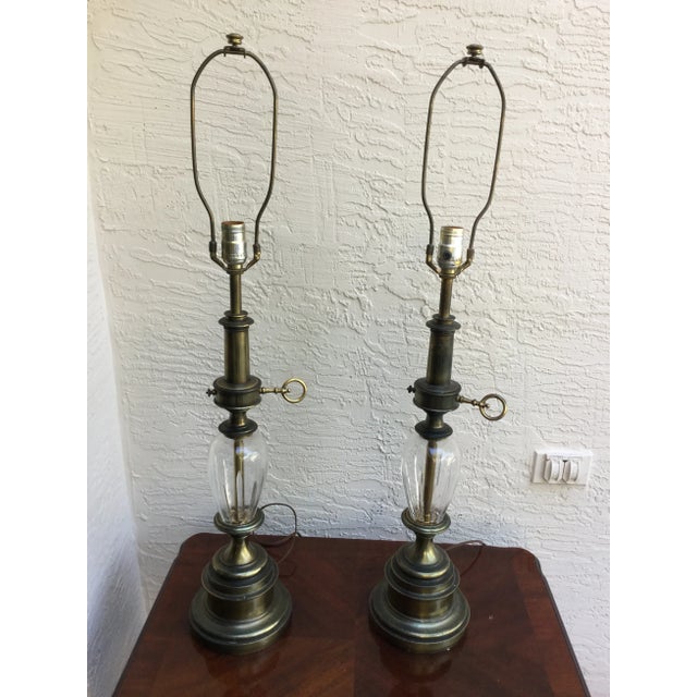 Vintage Imperial Table Lamps Gold Brass and Crystal Oil Lamp Style Design In good working condition, nice quality lamp,...