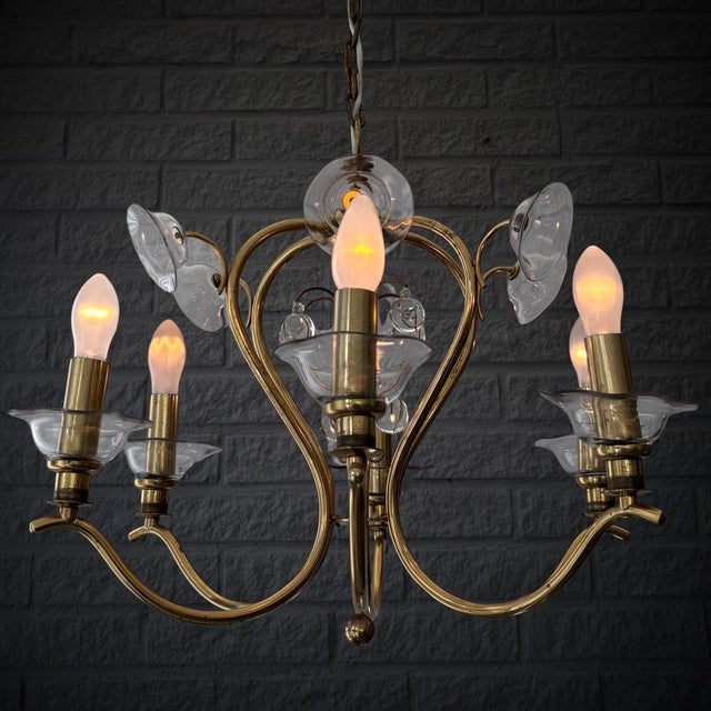 1940s Swedish Modern Scandinavian Chandelier in Brass & Glass with Prisms, 1940s For Sale - Image 5 of 13
