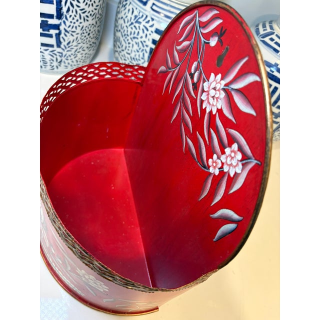 Chinoiserie Vintage Hand Painted Red Tole Floral Wall Pocket Planter Mailbox For Sale - Image 3 of 11