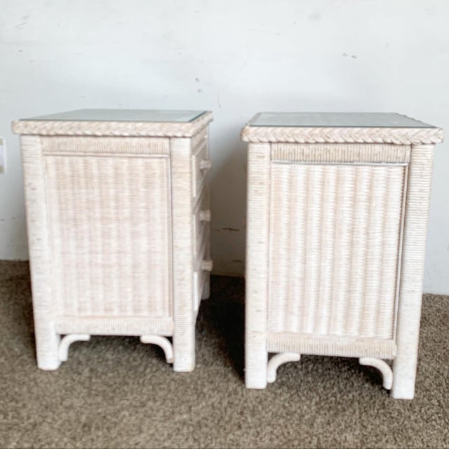 Boho Chic White Washed Wicker Rattan Henry Link Nightstands by
