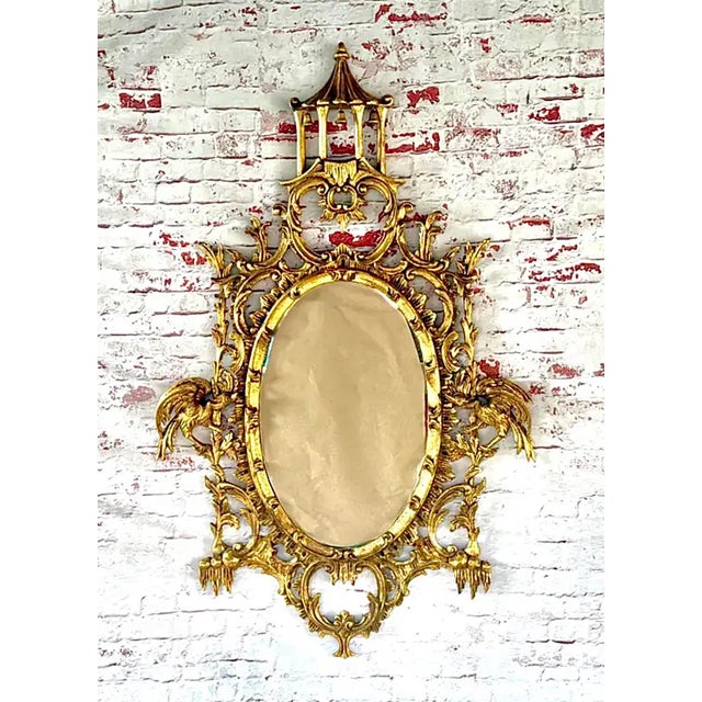 Wood Chinese Chippendale Style Oval Giltwood Pagoda Wall Mirror For Sale - Image 7 of 11