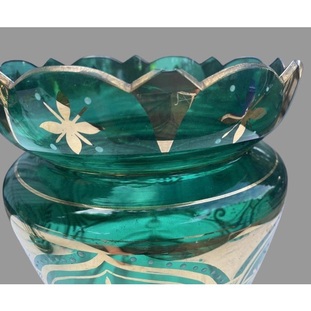 Pair Antique Victorian 14" Emerald Green & Gilt Art Glass Mantle Lusters With Prisms For Sale - Image 6 of 12