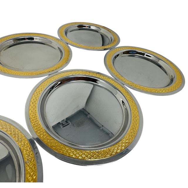 Rarest Paul Wirths Toledo Gold Coasters Set 6, 24k Gold Relief Mirror Stainless Steel, Museum Quality Solingen Germany MCM Barware Survivor For Sale In Tampa - Image 6 of 12