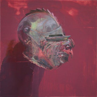 Red Rooster by Elena Burykina | Oil on panel Portrait of a rooster with a metallic helmet. For Sale