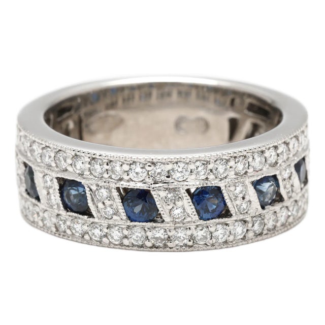 0.60ctw Sapphire & Diamond Band Ring, 18k White Gold, Ring Size 6.5 For Sale