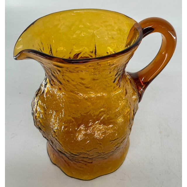 Mid-Century Modern Vintage Mid Century Morgancetown Crinkled Amber Glass Pitcher and Ice Bucket Set For Sale - Image 3 of 9