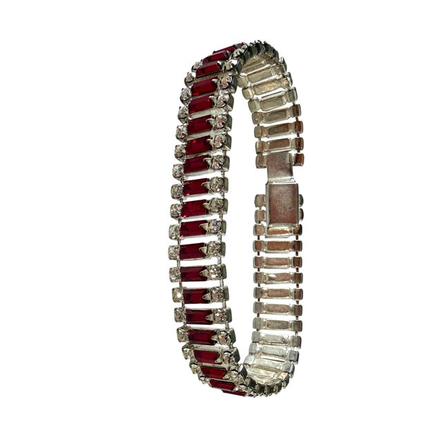 Silver Delicate White Gold Tone Bracelet W/ Faux Ruby Baguette Stones and Diamond For Sale - Image 8 of 8