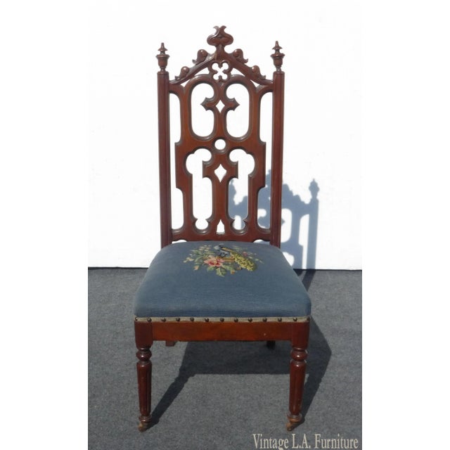 Vintage French Provincial Victorian Blue Floral Tapestry Accent Chair For Sale - Image 4 of 13