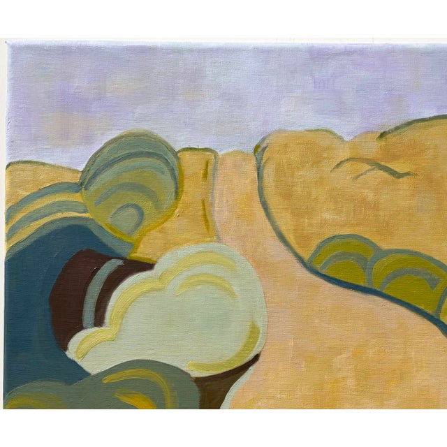 Abstract impressionist landscape of a seaside pathway expressed with playful strokes of ochre, tan, yellow, gold, olive,...