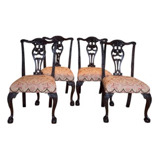 Vintage Chippendale Carved Mahogany and Damask Dining Chairs - Set of 4 For Sale