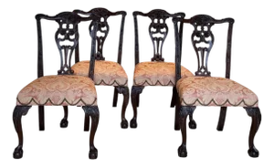 Vintage Chippendale Carved Mahogany and Damask Dining Chairs - Set of 4