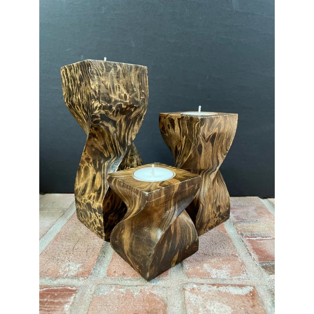 Twisted Faux Tortoise Painted Wood Candle Holders - Set of 3 For Sale - Image 11 of 13