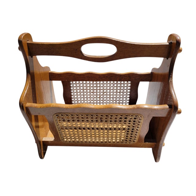 1990s 1990s Vintage Oak Wood Woven Wicker Rattan Cane Magazine Rack Holder For Sale - Image 5 of 6
