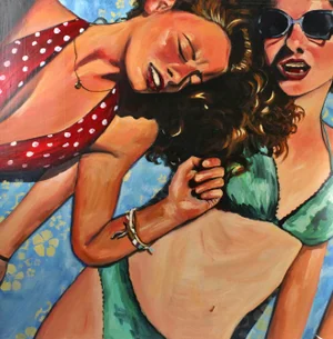 Large 2008 Oil Painting Selfie Portrait of Two Teenage Girls in Swimsuits