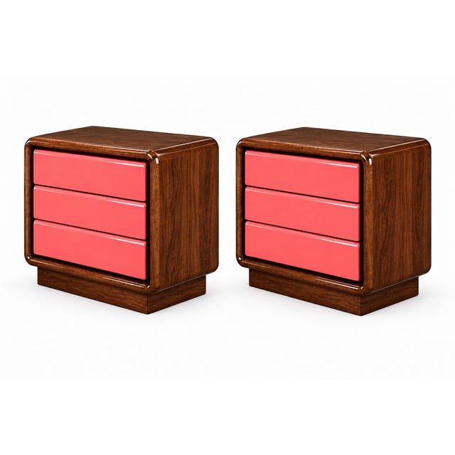 Pair of Postmodern Three-Drawer Nightstands — Rich Walnut & Salmon Finish For Sale - Image 4 of 5