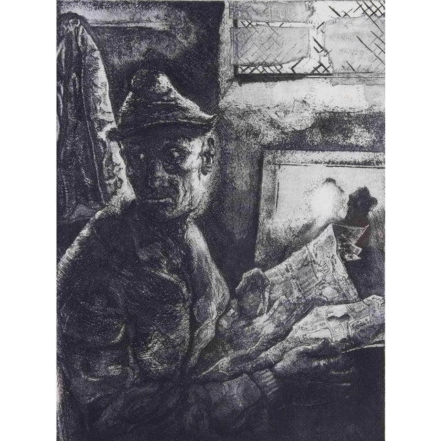 Piero Cesaroni, Man with Newspaper, Etching, 1973 For Sale