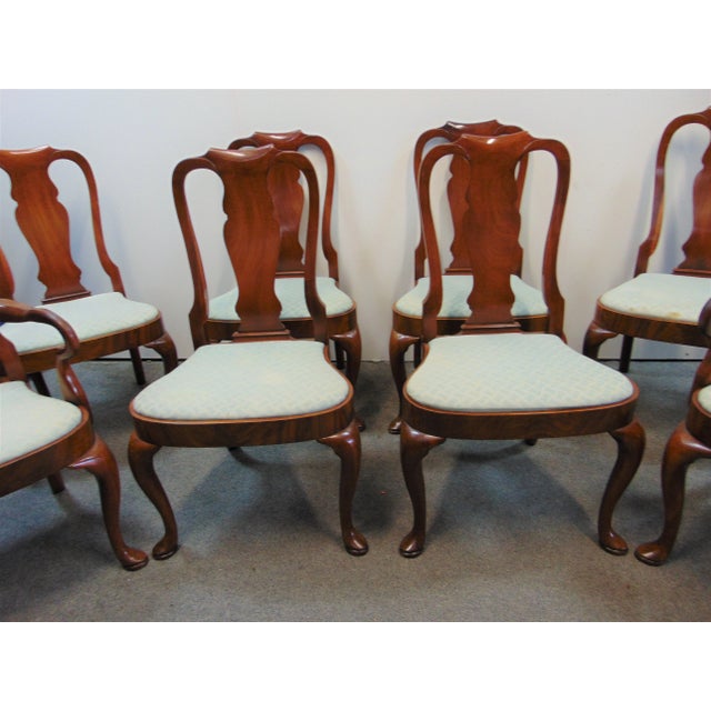 (8) Mahogany Queen Anne Style Dining Chairs, pierced carved backs, upholstered seat, Arm chairs measure chair 27.5 d 24.5w...