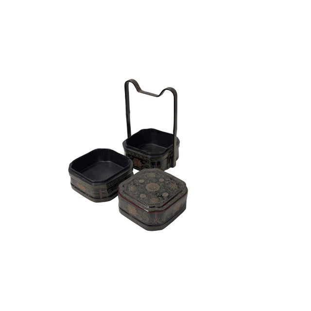 Wood Vintage Chinese Black & Gold Lacquered Wood Basket Floral Geometric Motifs For Sale - Image 7 of 11