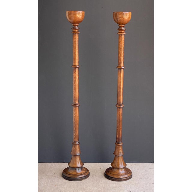 Pair of Tall Altar Candlestick Holders of Turned Oak - Arts and Crafts Era For Sale In Austin - Image 6 of 8