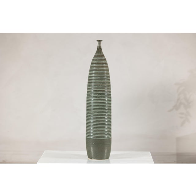 Tall Artisan Ceramic Hand-Crafted Vase with Ribbed Body and Green Glaze For Sale - Image 16 of 16