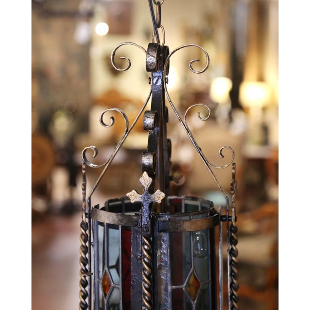 Late 19th Century 19th Century French Napoleon III Round Iron Lantern With Stained Glass Panels For Sale - Image 5 of 5