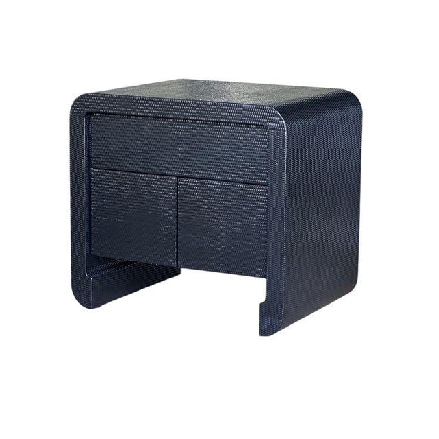 Karl Springer Black Grasscloth Nightstand/Side/End Table, 1980s. Original. Measures 24.25” tall 20” deep 26” long