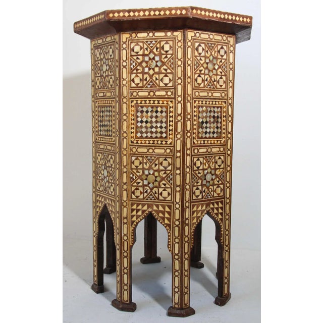 Brown Moorish Moroccan Octagonal Pedestal Tables Inlaid with Mosaic Marquetry - A Pair For Sale - Image 8 of 13