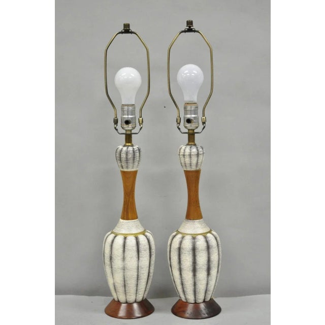 Vintage Mid Century Modern Walnut & Ceramic Small Sculptural Table Lamps - Pair For Sale - Image 11 of 12