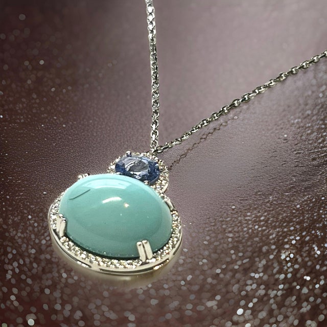 Blue Persian Turquoise Sapphire Diamond Necklace 17" 14k WG 19.03 TCW Certified For Sale - Image 8 of 15