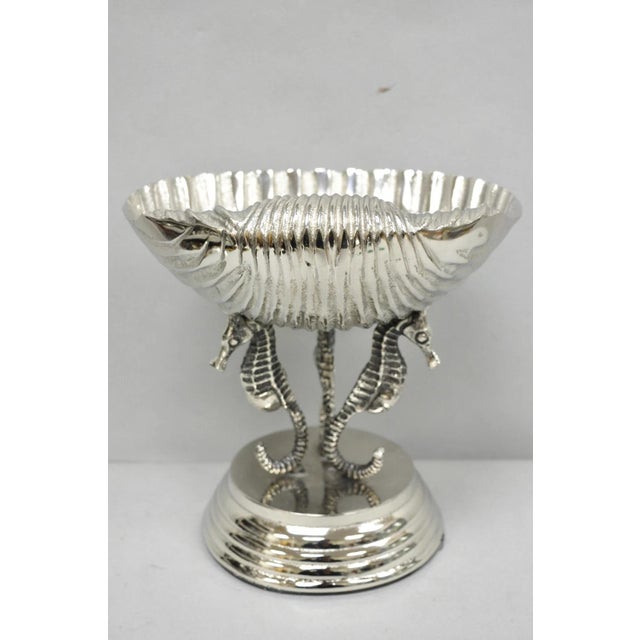 Contemporary Decorative Nautical Silver Plated Seahorse Clamshell Pedestal Compote Candy Dish For Sale - Image 11 of 13