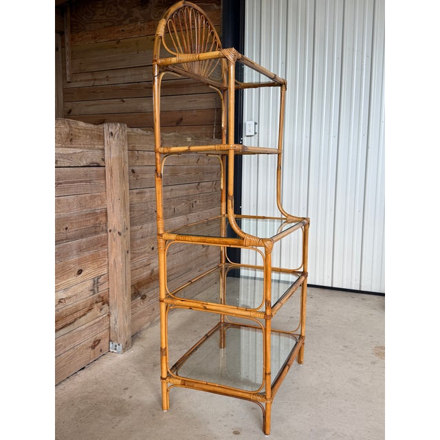 Brown Vintage Boho Coastal Rattan Étagère With Fan Top and Glass Shelves For Sale - Image 8 of 12