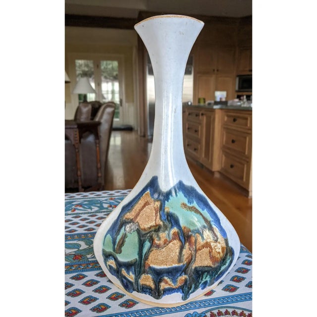 Vintage 1990's Studio Pottery Vessel with an Abstract Drip Glaze design featuring Vibrant Earth tone hues Artist's...