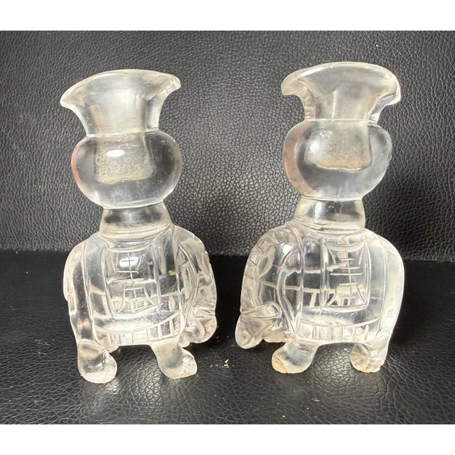 Pair of Antique Hand Carved Chinese Elephant Rock Crystal Stone Sculpture Vase For Sale - Image 11 of 12