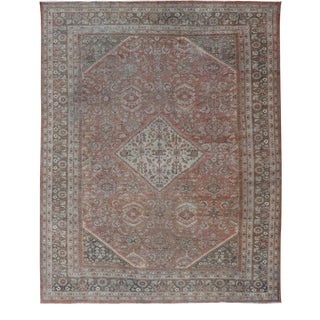 Distressed Antique Sultanabad Rug in Faded Red Background and Brown Border For Sale