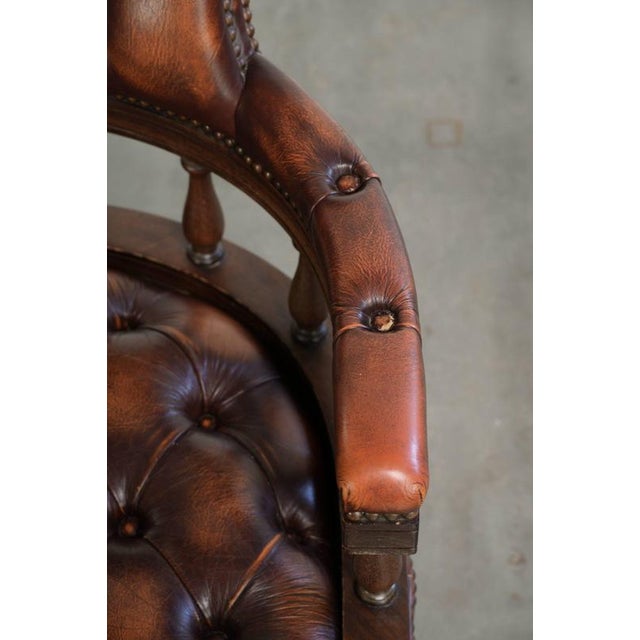 Brown English Cowhide Chesterfield Swivel and Tilt Button Office Chair For Sale - Image 8 of 16