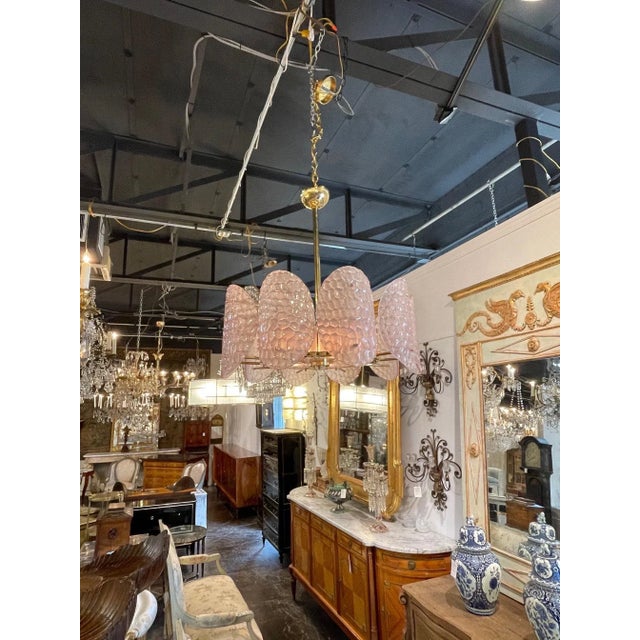 Italian Pink Murano Glass and Brass Chandelier For Sale In Dallas - Image 6 of 8