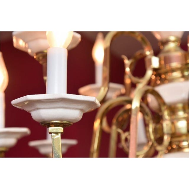 Metal 1970s Georgian Candle-Style 2-Tier Polished Brass White Porcelain Chandelier For Sale - Image 7 of 10