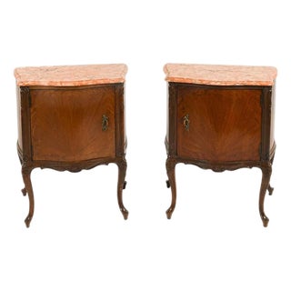 Antique Pair of French Walnut Nightstands With Pink‑Orange Marble Tops and Cabriole Legs For Sale
