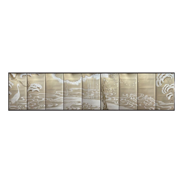 Hand‑Painted Chinoiserie Crane Landscape Wall Mural For Sale
