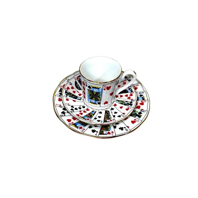 1980s Elizabethan Staffordshire Fine Bone China Playing Cards Pattern Demitasse Tea Cup, Saucer and Snack Plate - 18 Piece Set - Made in England For Sale - Image 9 of 10