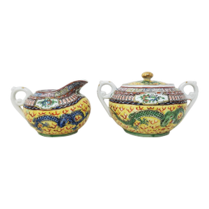 Mid 20th Century Famille Rose Yellow Creamer and Sugar With Lid - Dragons - Greek Key Rim- Set of 2
