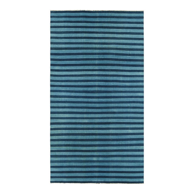 Rug & Kilim's Oversized Contemporary Dhurrie Rug in Blue Geometric Stripes - 9x12 For Sale